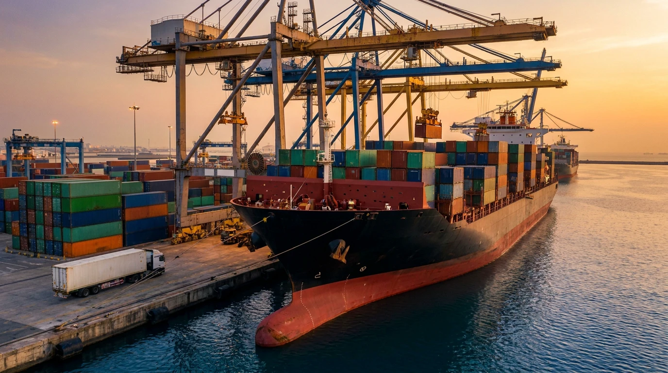 Container ship loading at the quay at sunset
